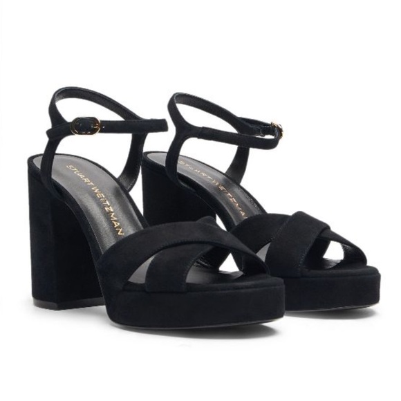 Stuart Weitzman black suede Dayna crisscross platform sandal heels